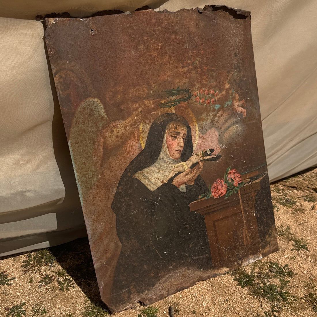 Antique Mexican Oil On Tin Retablo - Monte Visión