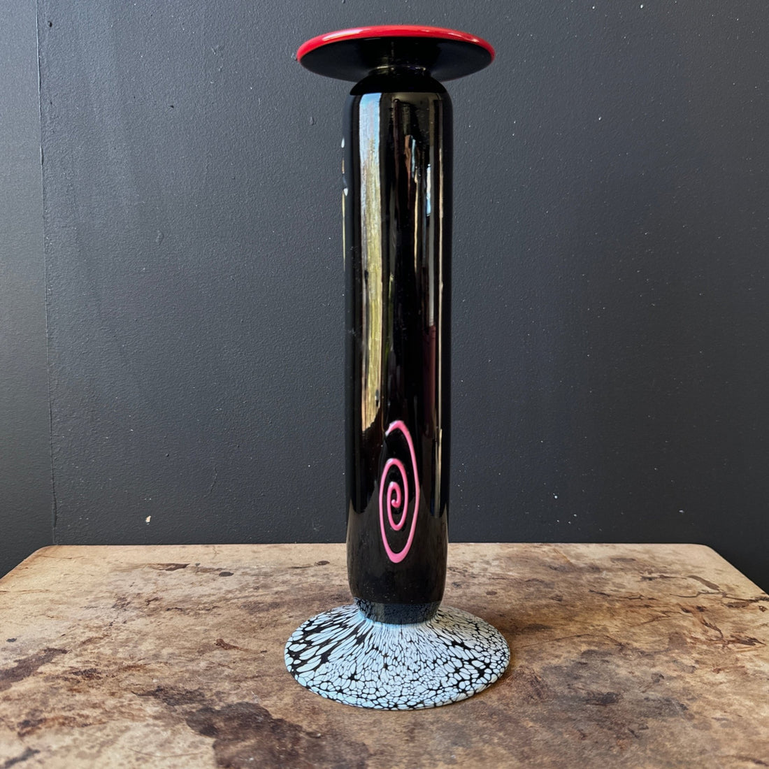 Artist-Made Black Glass Sqiggle & Spiral Vase - Monte Visión