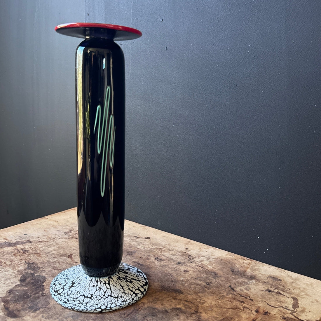 Artist-Made Black Glass Sqiggle & Spiral Vase - Monte Visión