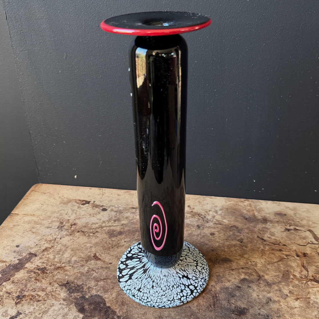 Artist-Made Black Glass Sqiggle & Spiral Vase - Monte Visión