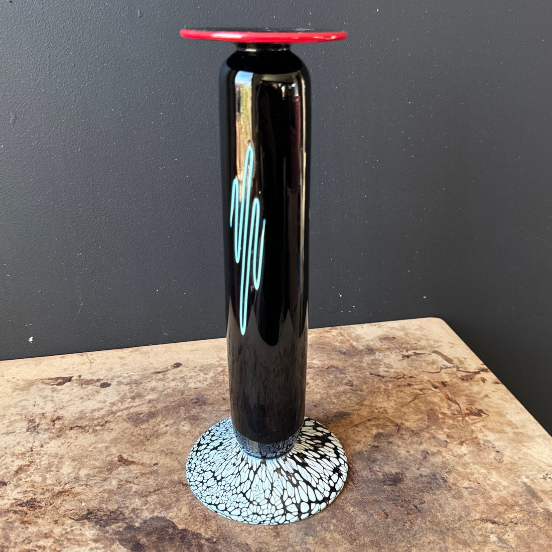 Artist-Made Black Glass Sqiggle & Spiral Vase - Monte Visión