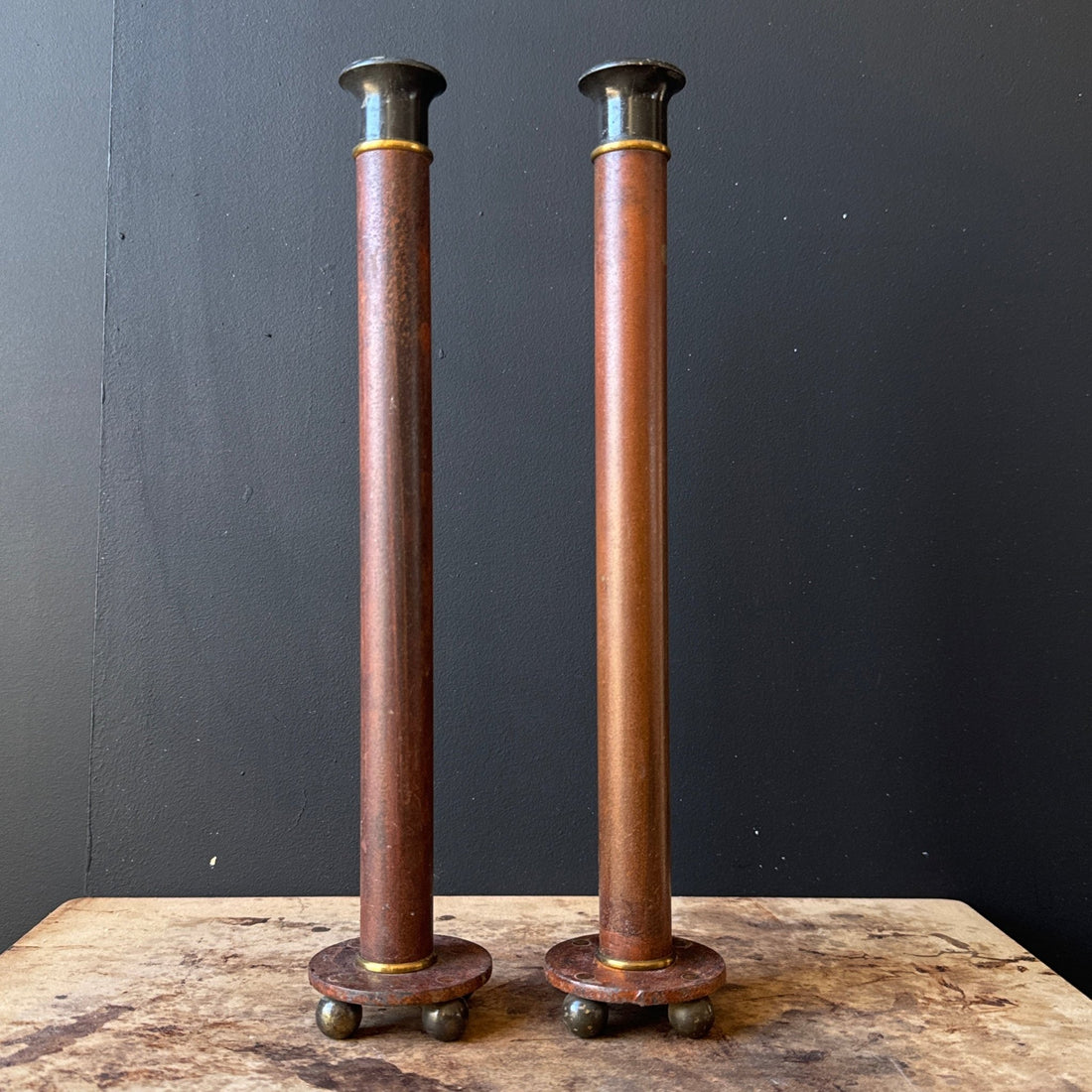 Artist-Made Bronze Patina Candlesticks With Ball Feet- Set of 2 - Monte Visión