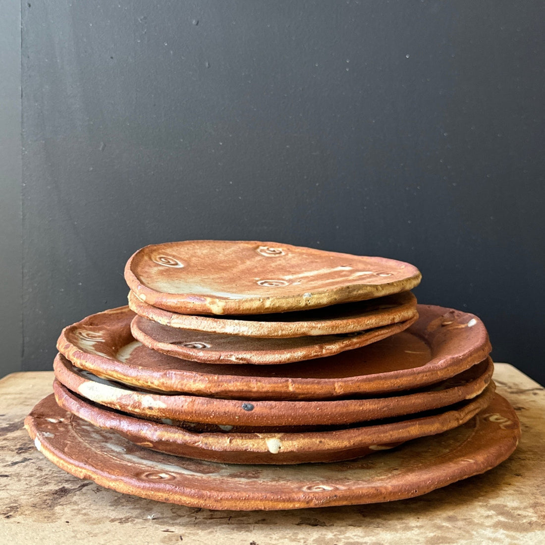 Artist-Made Glazed Studio Pottery Spiral Embossed Plates-Set of 7 - Monte Visión