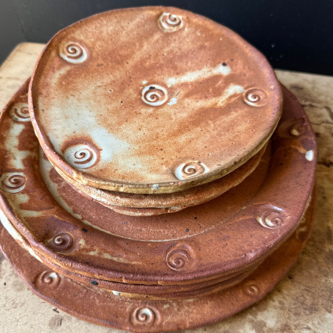 Artist-Made Glazed Studio Pottery Spiral Embossed Plates-Set of 7 - Monte Visión