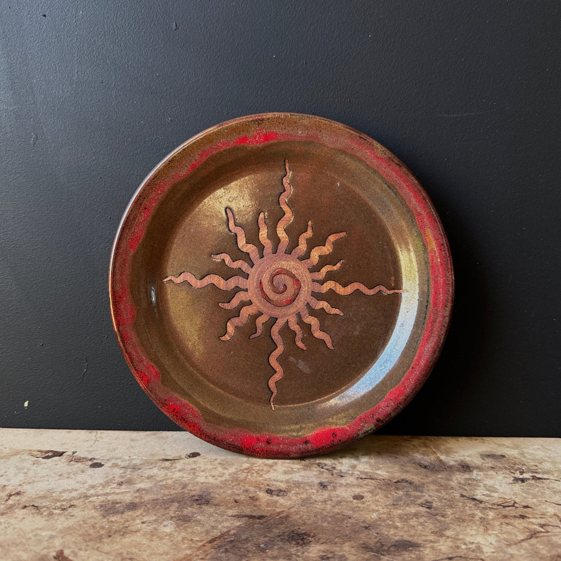 Artist-Made Spiral Sun Pottery Plate - Monte Visión