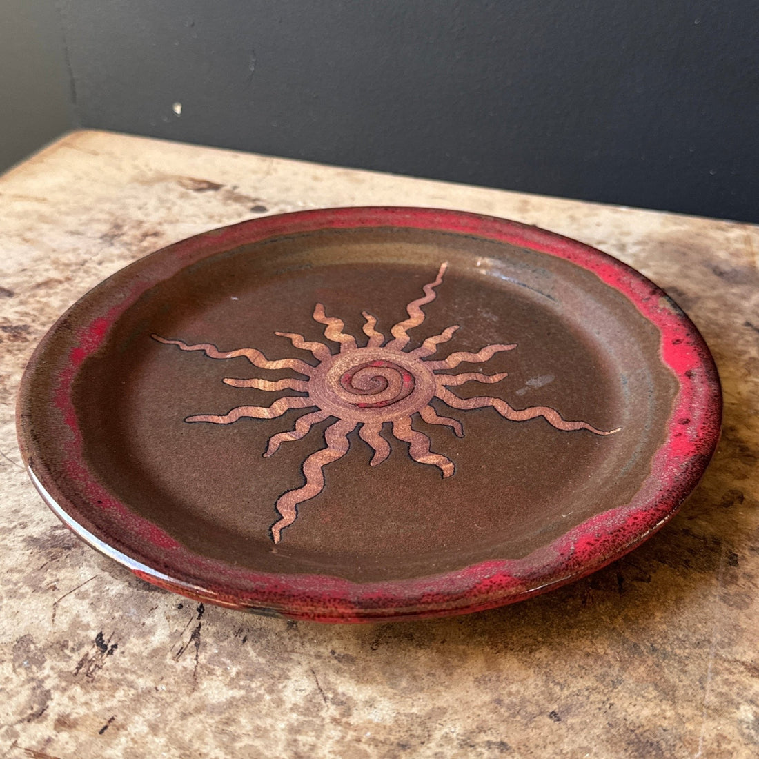 Artist-Made Spiral Sun Pottery Plate - Monte Visión