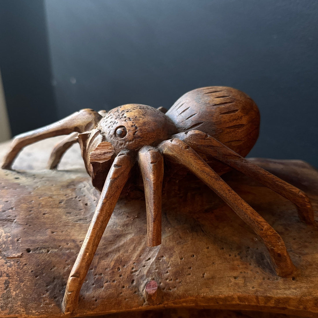 Folk Art Carved Spider On Log - Monte Visión