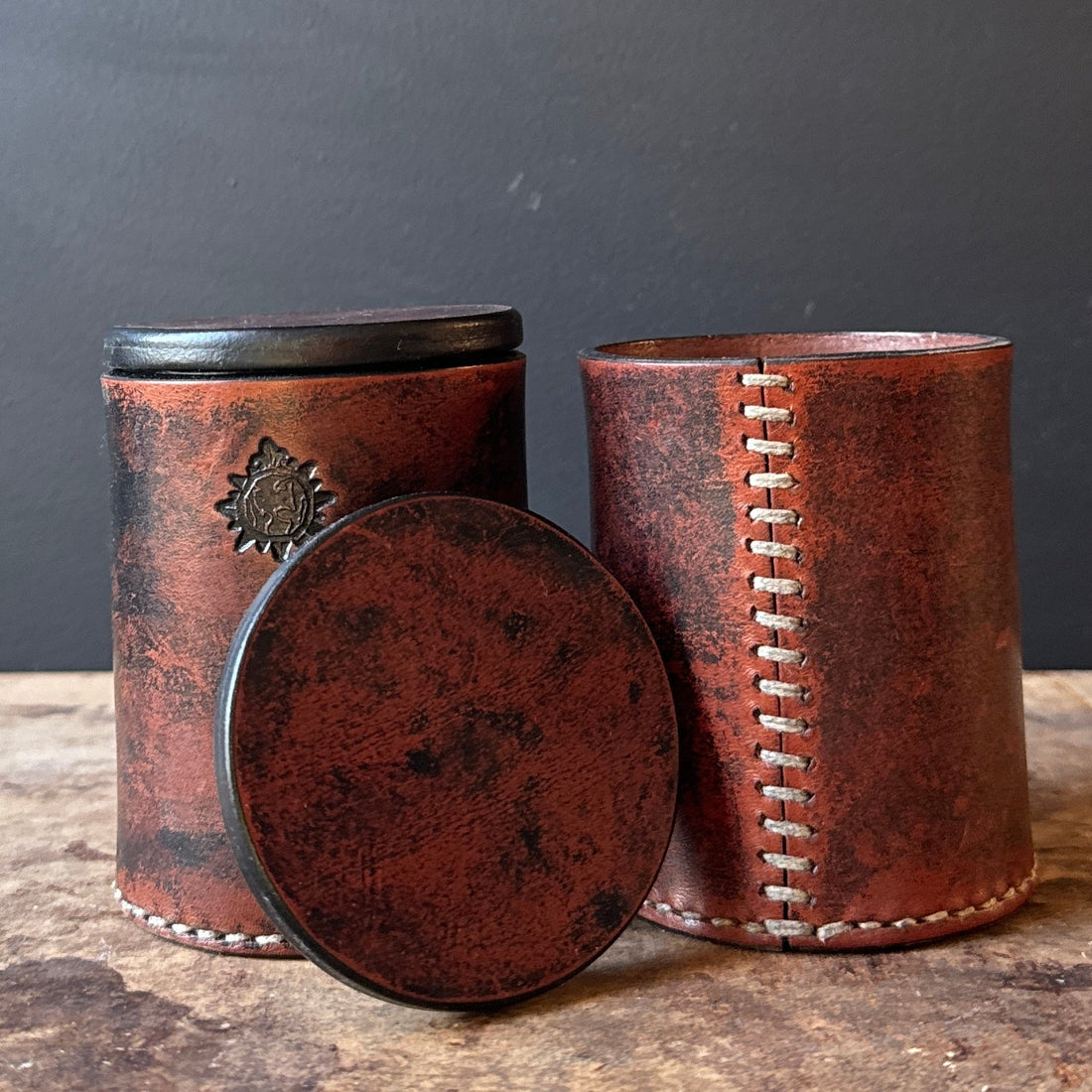 Hand-Stitched Small Leather Lidded Canisters- Set of 2 - Monte Visión