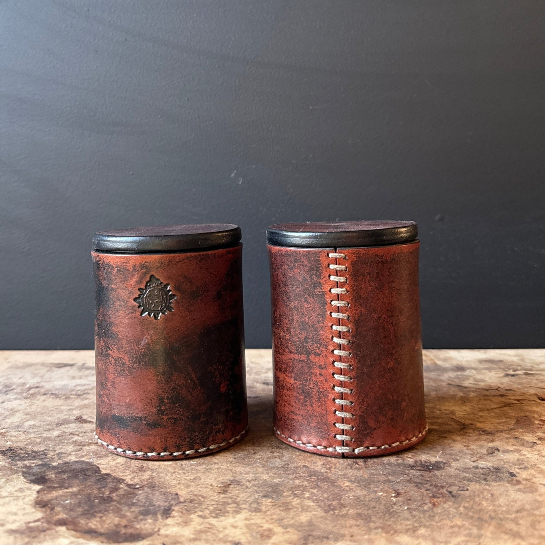 Hand-Stitched Small Leather Lidded Canisters- Set of 2 - Monte Visión