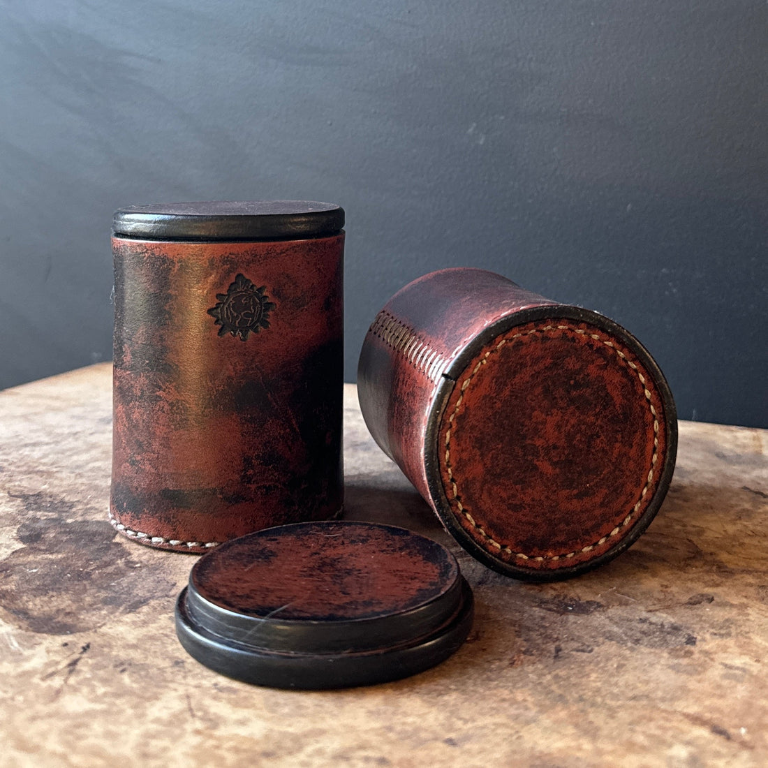 Hand-Stitched Small Leather Lidded Canisters- Set of 2 - Monte Visión