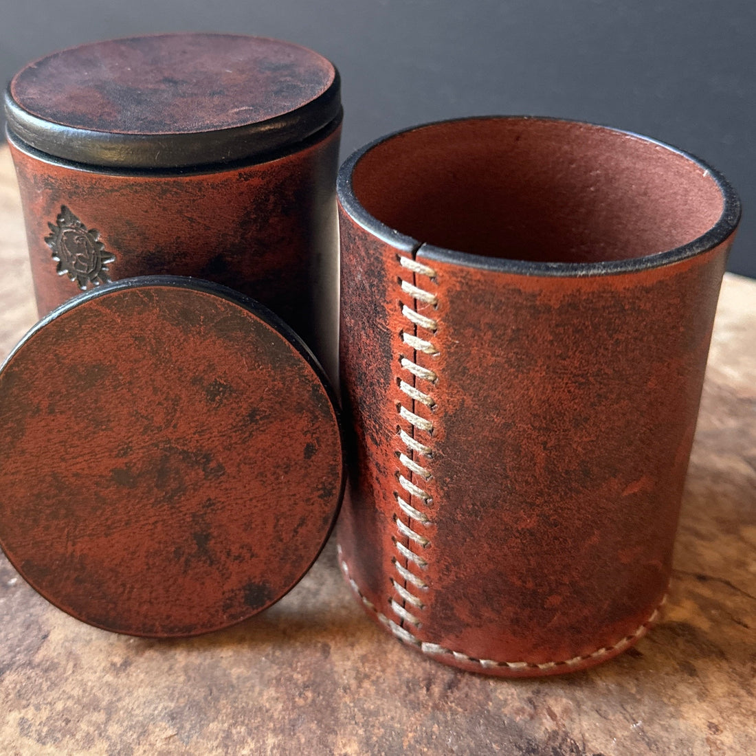 Hand-Stitched Small Leather Lidded Canisters- Set of 2 - Monte Visión