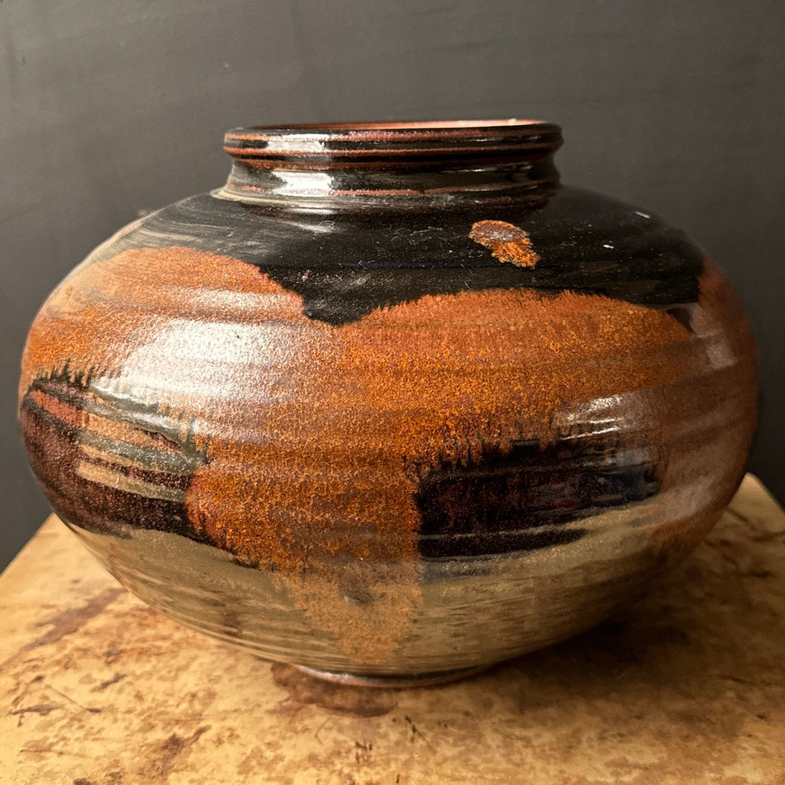 Large Postmodern Brown & Black Glazed Artist-Made Vessel - Monte Visión