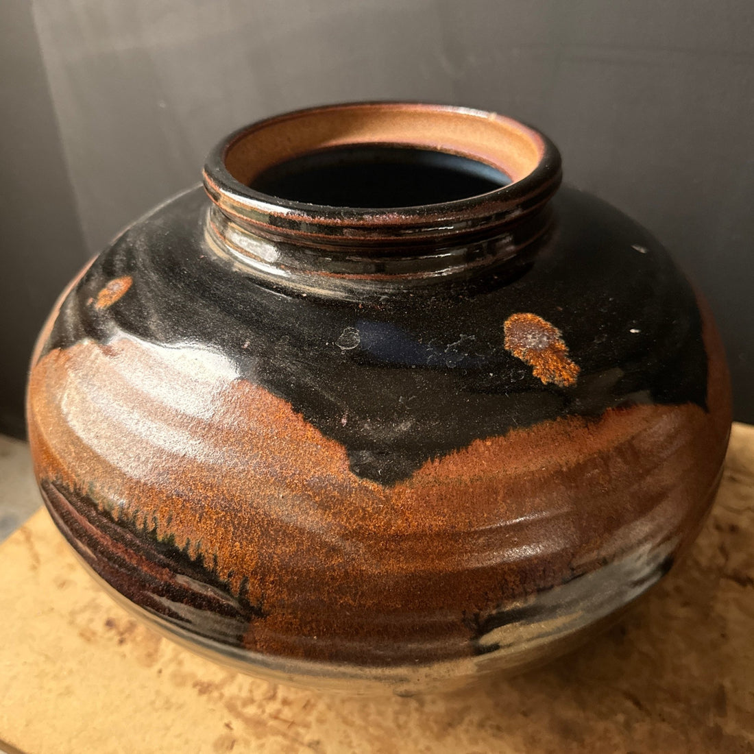 Large Postmodern Brown & Black Glazed Artist-Made Vessel - Monte Visión