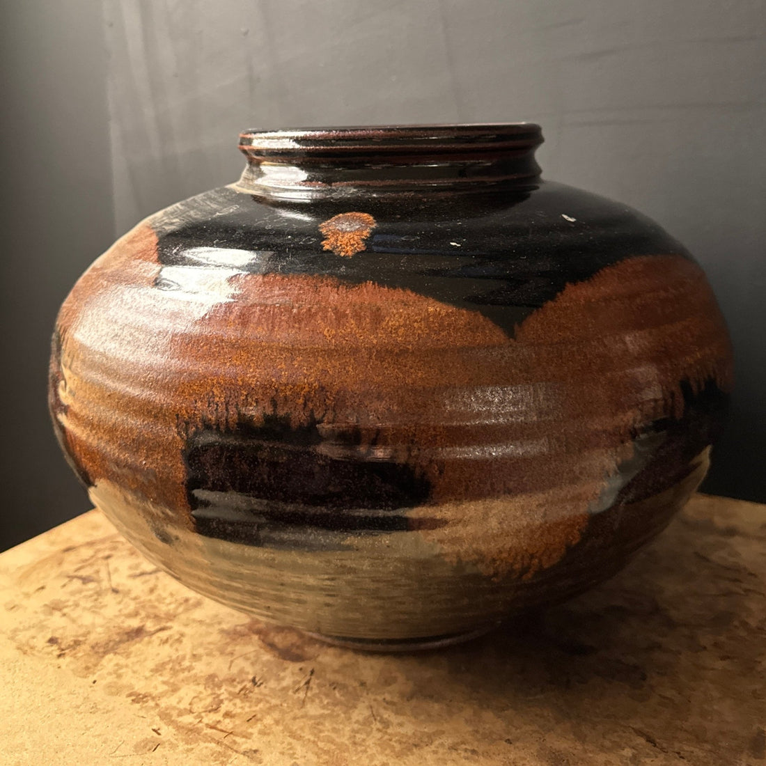 Large Postmodern Brown & Black Glazed Artist-Made Vessel - Monte Visión