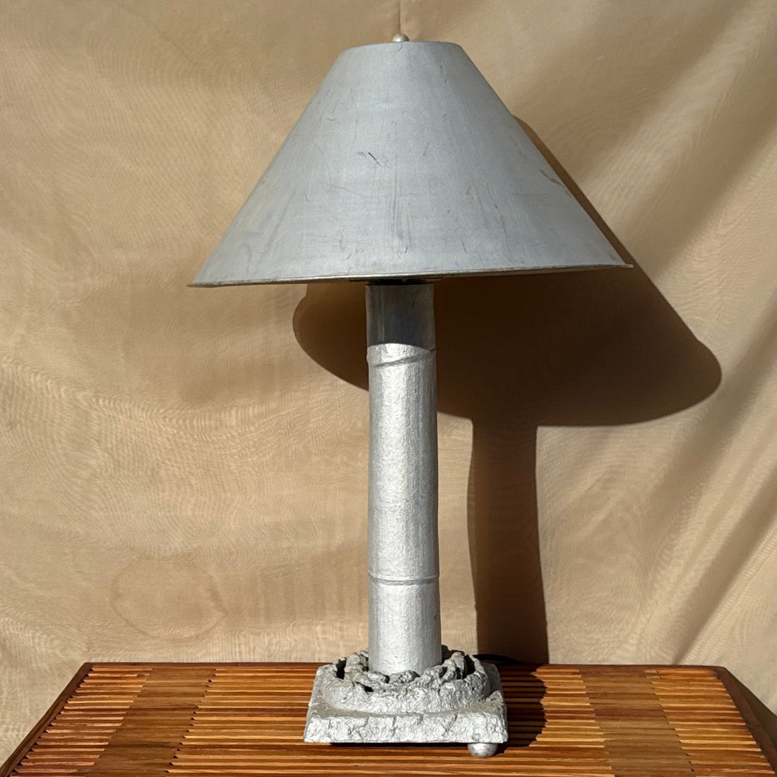 Postmodern Artist-Made Industrial Metal Faux Cement & Bamboo Table Lamp - Monte Visión