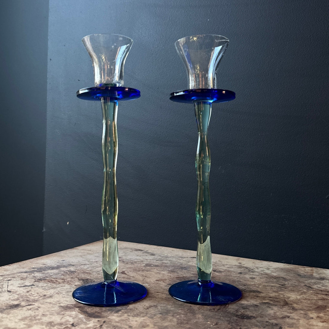 Postmodern Blue & Green Glass Candlesticks- Set of 2 - Monte Visión