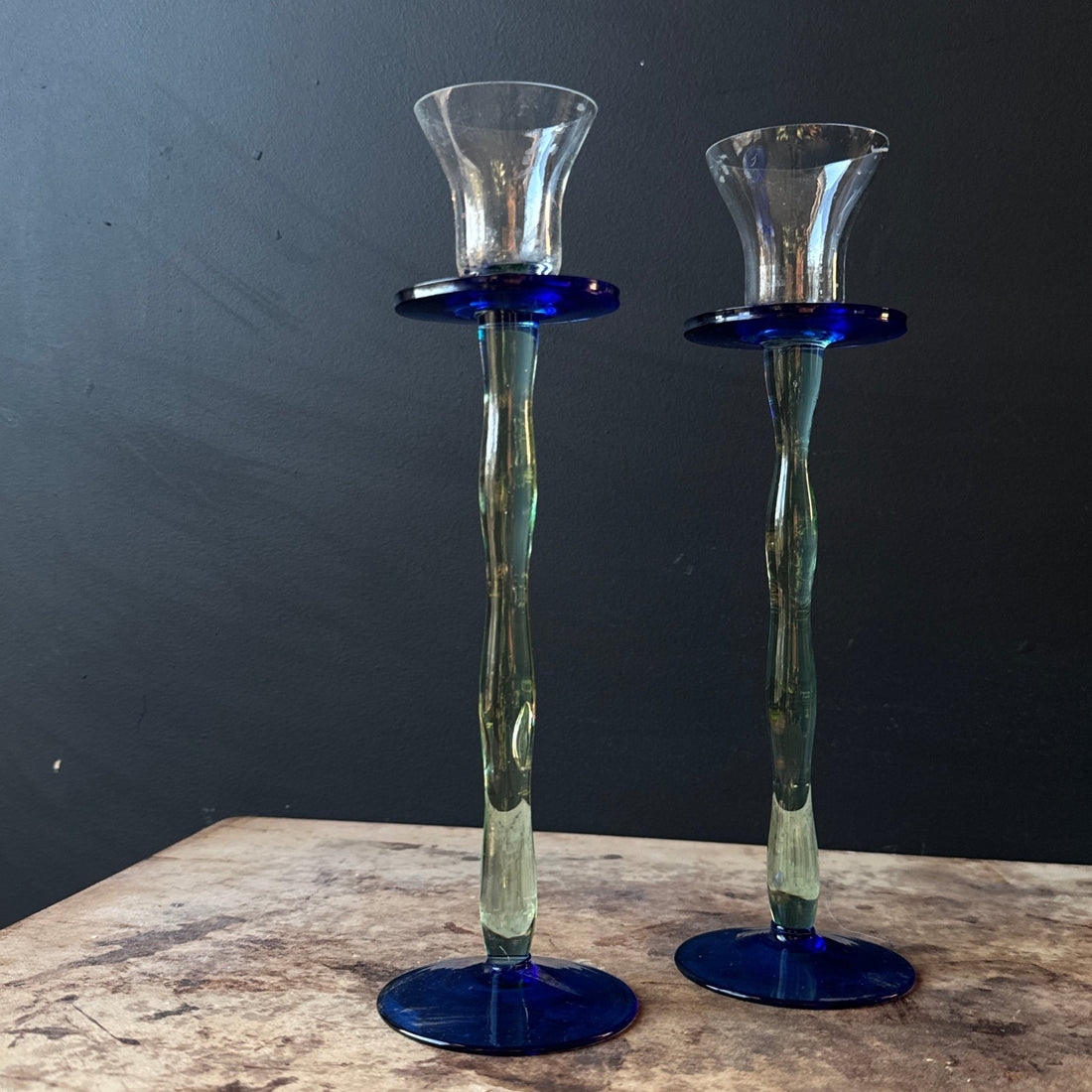 Postmodern Blue & Green Glass Candlesticks- Set of 2 - Monte Visión