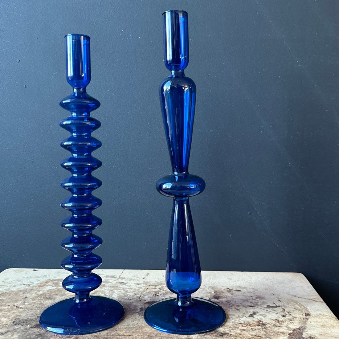 Postmodern Blue Ribbed Glass Candlestick Duo- Set of 2 - Monte Visión