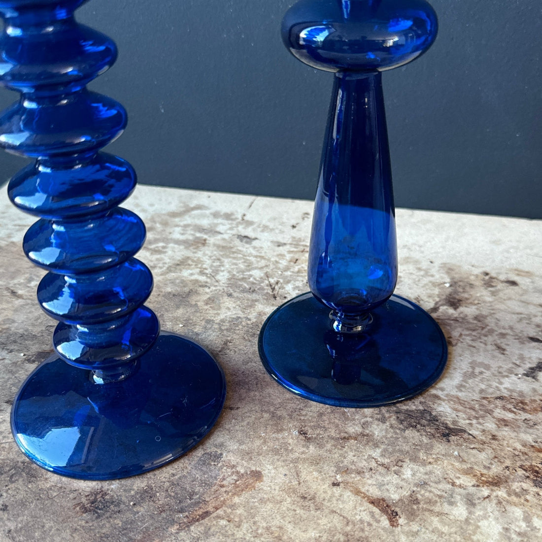 Postmodern Blue Ribbed Glass Candlestick Duo- Set of 2 - Monte Visión