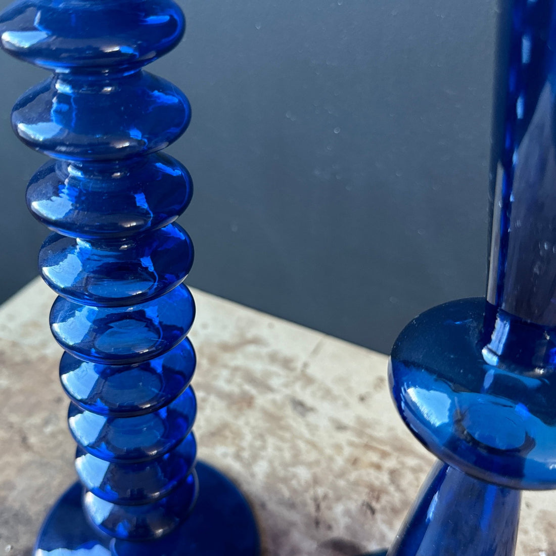 Postmodern Blue Ribbed Glass Candlestick Duo- Set of 2 - Monte Visión