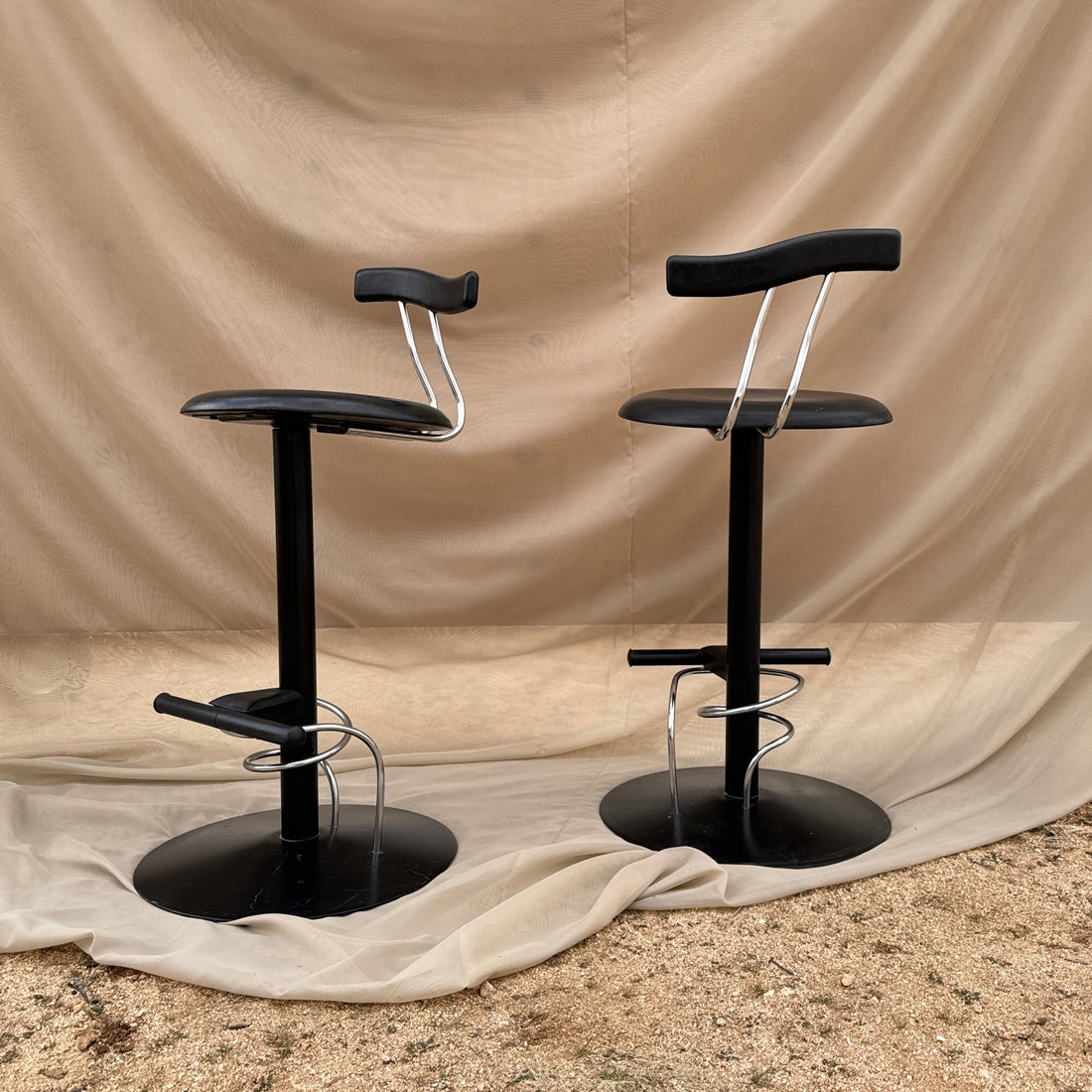 Postmodern Italian Black Leather & Chrome Swivel Counter Stools- Set of 2 - Monte Visión