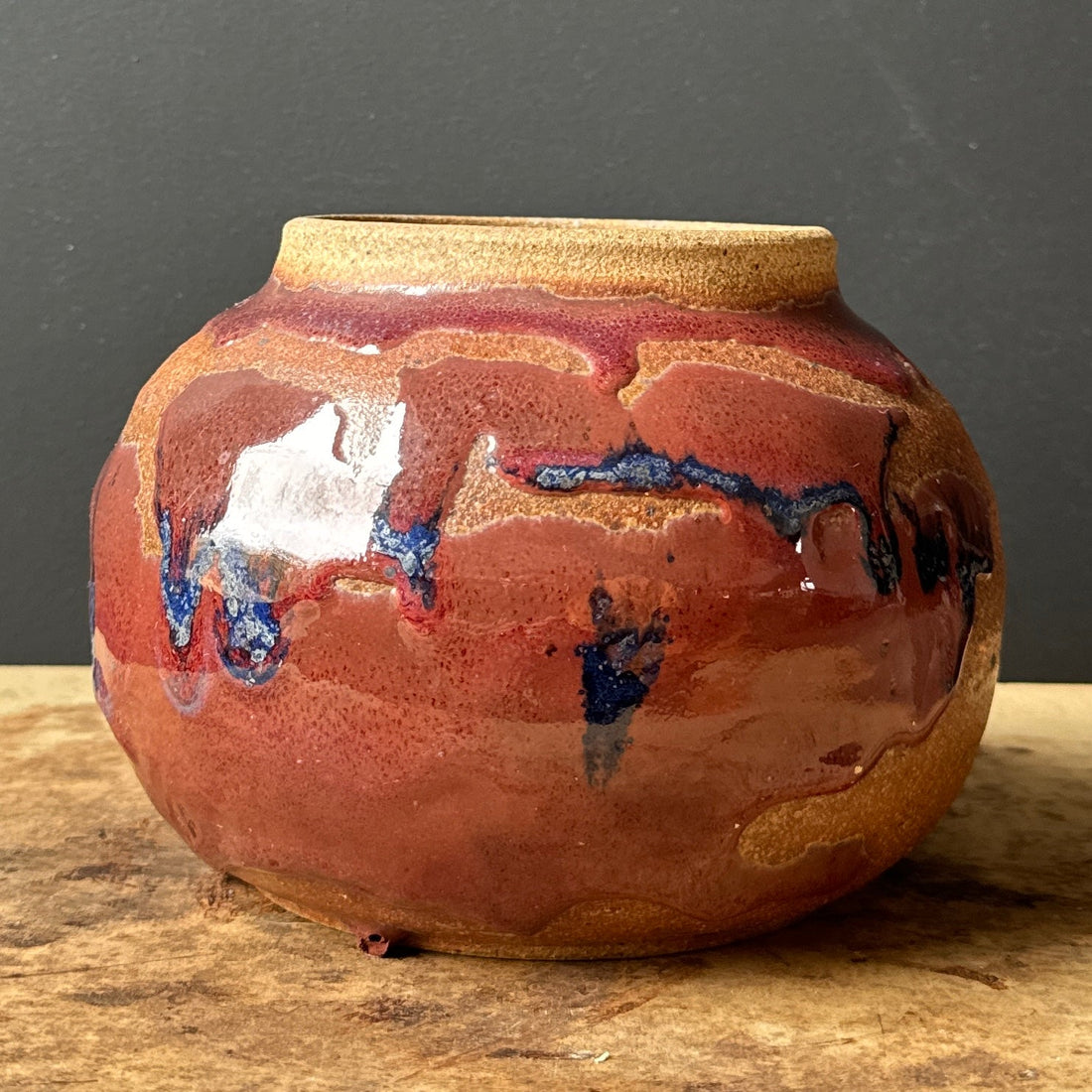 Postmodern Maroon & Blue Glazed Studio Pottery Vessel - Monte Visión