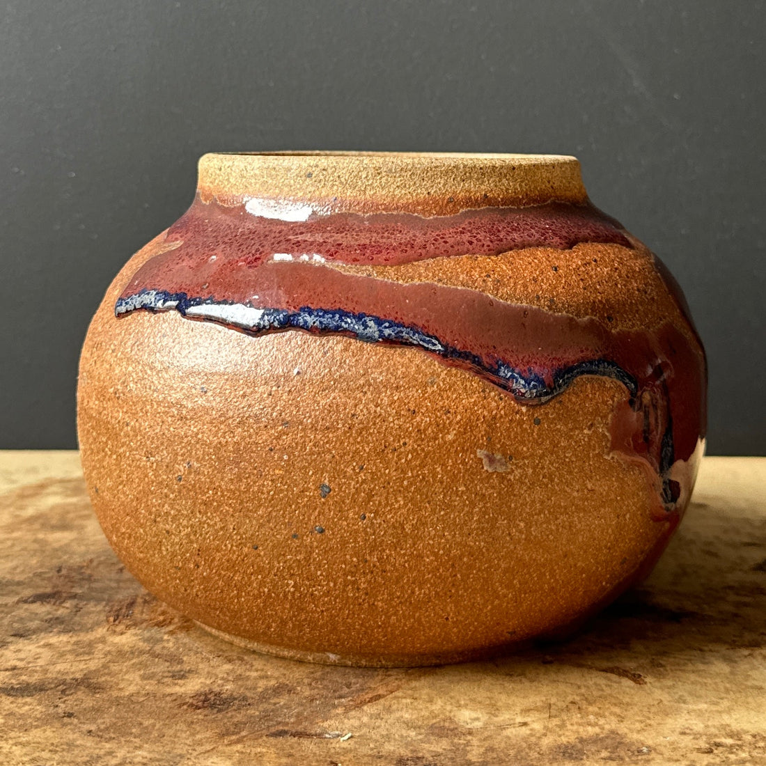 Postmodern Maroon & Blue Glazed Studio Pottery Vessel - Monte Visión