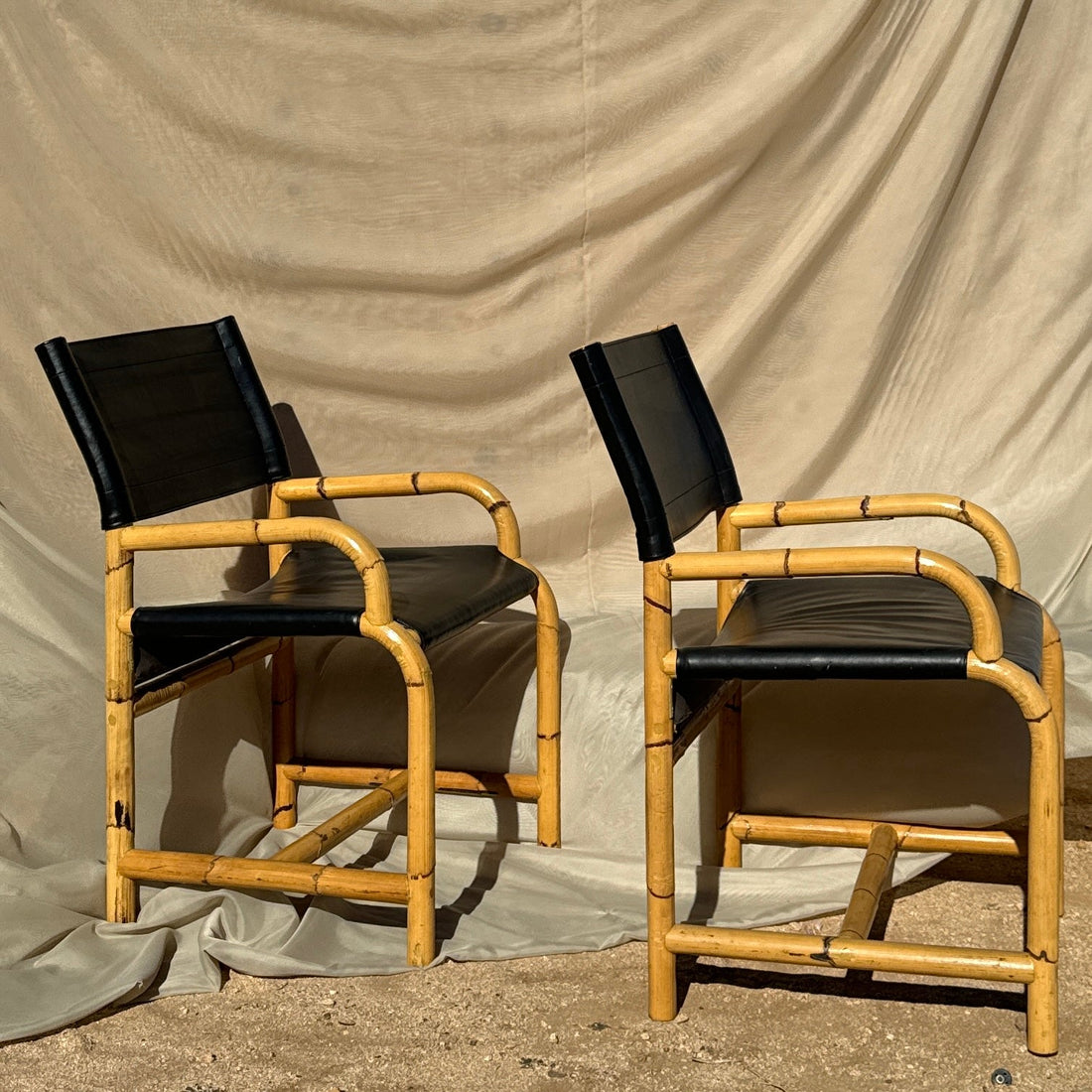 Postmodern Mexican Black Leather & Cane Side Chairs - Monte Visión