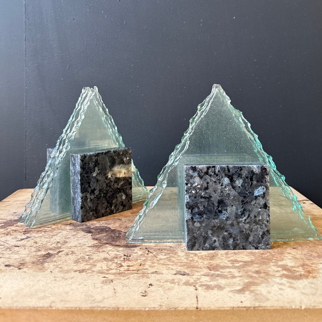 Postmodern Stone & Glass Triangular Bookends - Monte Visión