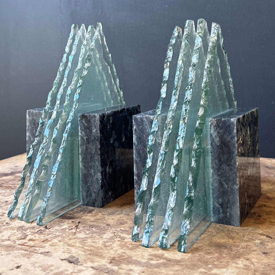 Postmodern Stone & Glass Triangular Bookends - Monte Visión