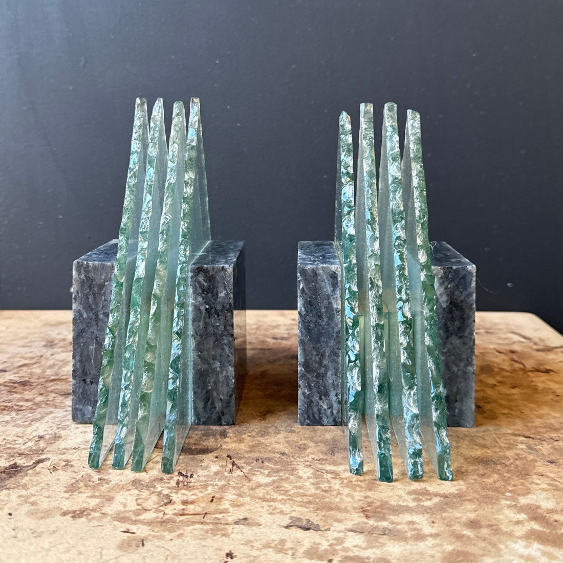 Postmodern Stone & Glass Triangular Bookends - Monte Visión