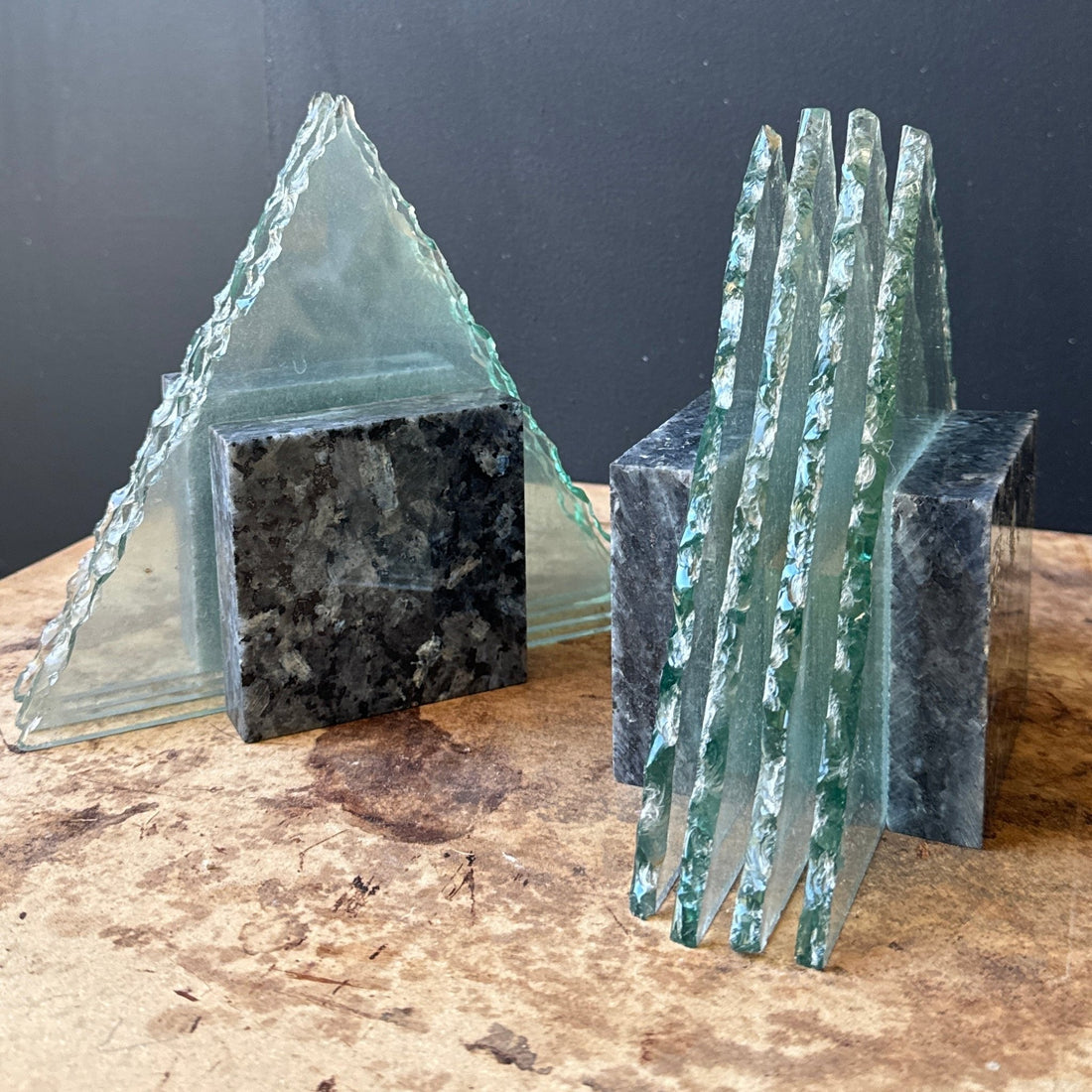 Postmodern Stone & Glass Triangular Bookends - Monte Visión