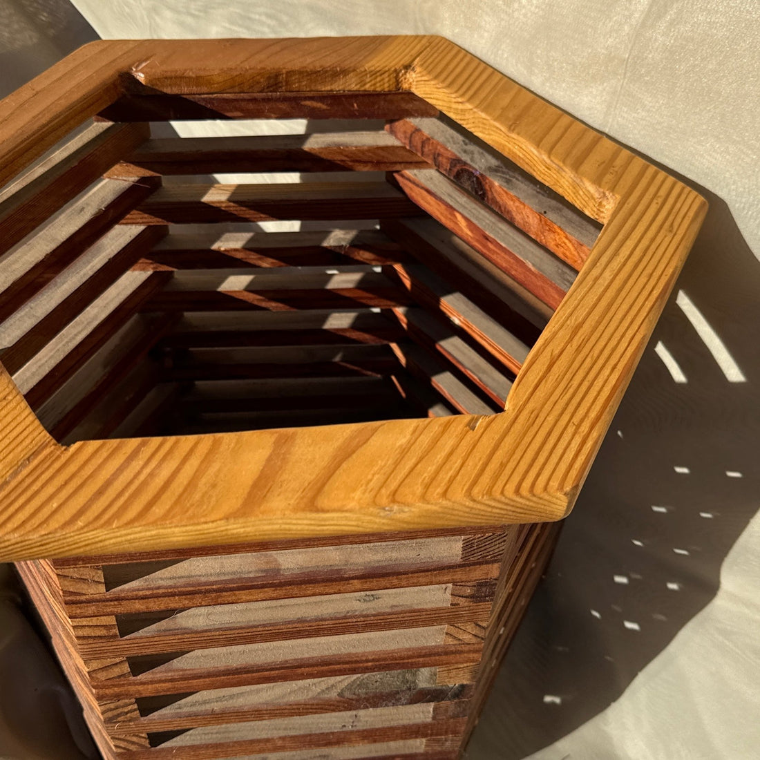 Vintage Artist-Made Wood Slat-Construction Storage Basket - Monte Visión