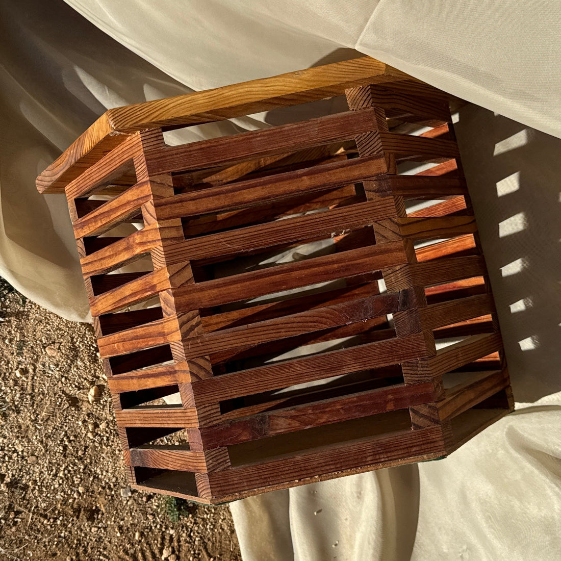 Vintage Artist-Made Wood Slat-Construction Storage Basket - Monte Visión
