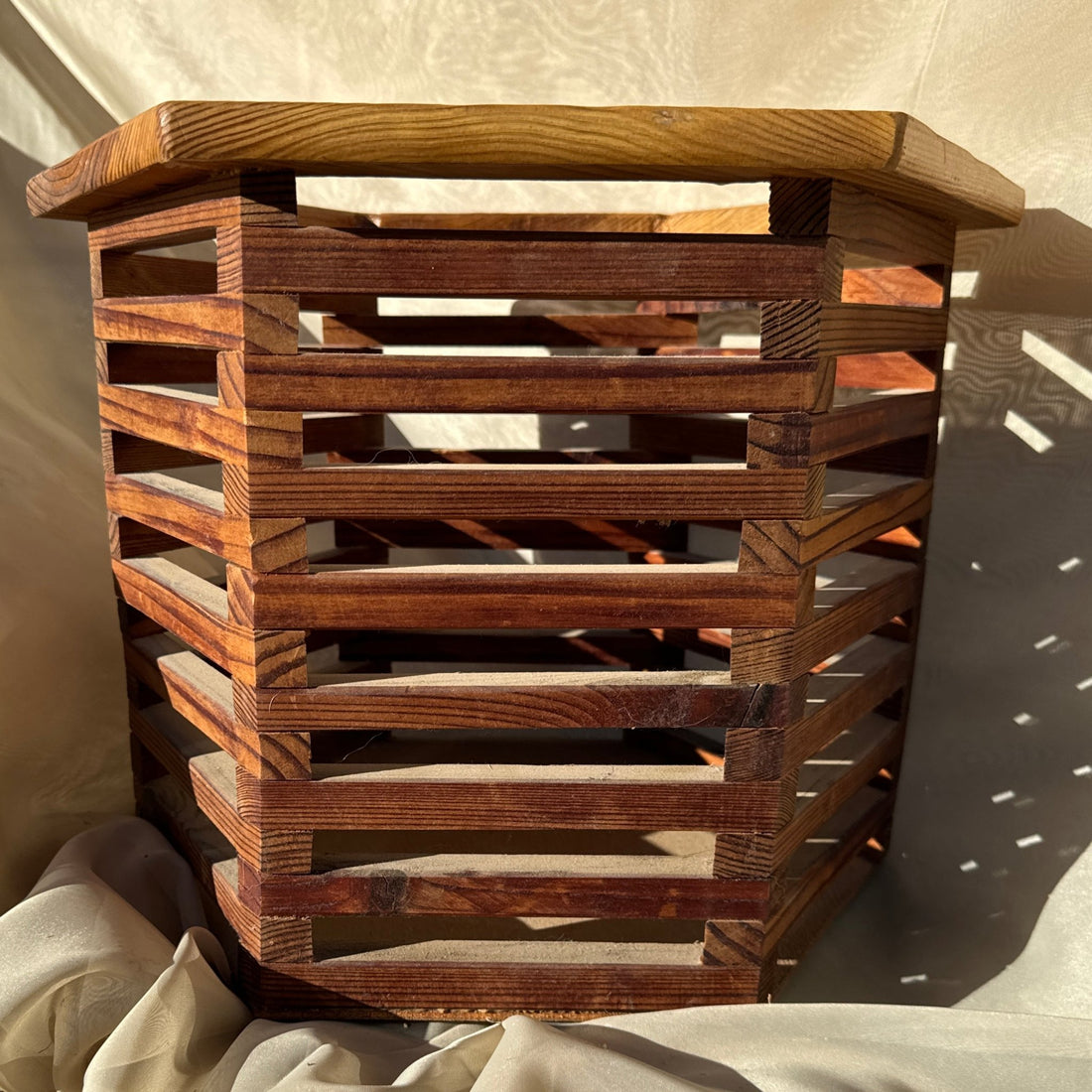 Vintage Artist-Made Wood Slat-Construction Storage Basket - Monte Visión